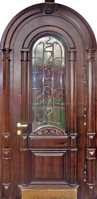 Арочная металлическая дверь массив со стеклом и ковкой ДА-50 в Люберцах