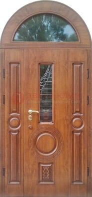 Двустворчатая железная дверь МДФ со стеклом в форме арки ДА-52 в Люберцах