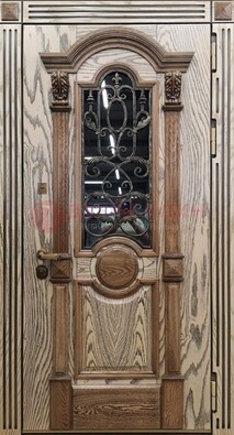 Железная дверь с массивом дуба со стеклом и ковкой ДМД-47 в Люберцах
