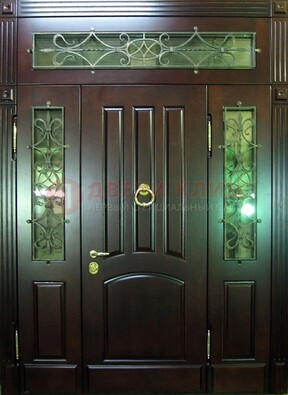 Стальная парадная дверь со стеклом и ковкой ДПР-18 для деревянного дома в Люберцах
