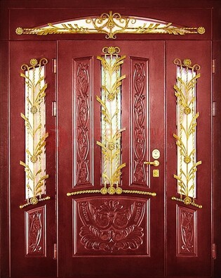 Бордовая железная парадная дверь со стеклом и ковкой ДПР-75 в Люберцах