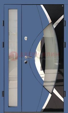 Синяя металлическая дверь со стеклом и узором ДС-13 в Люберцах