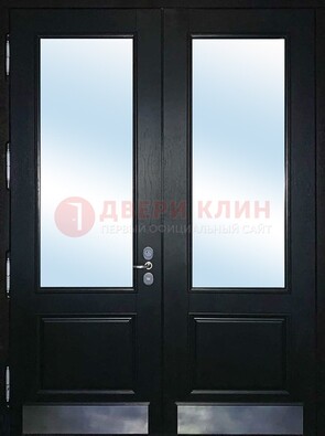 Черная двухстворчатая металлическая дверь со стеклом ДС-25 в Люберцах