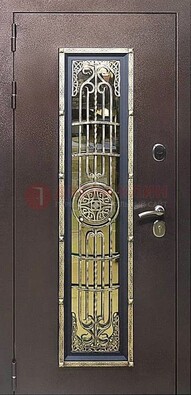 Железная дверь цвета медный антик со стеклом и ковкой ДСК-105 в Люберцах