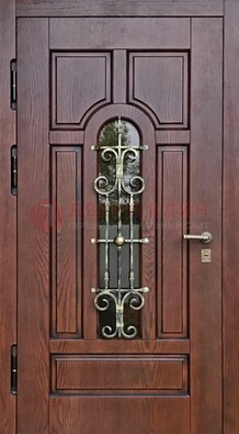 Cтальная дверь со стеклом и ковкой в коричневом цвете ДСК-119 в Люберцах