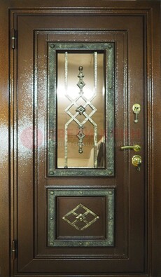 Теплая входная дверь со стеклом и ковкой разноцветной ДСК-13 в Люберцах