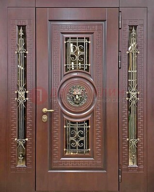 Коричневая стальная дверь со стеклом и ковкой ДСК-147 с фрамугами в Люберцах