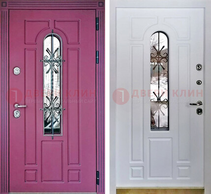 Розовая металлическая дверь со стеклом и ковкой ДСК-151 в Люберцах