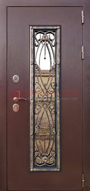 Коричневая стальная дверь порошок со стеклом и ковкой для дома ДСК-169 в Люберцах
