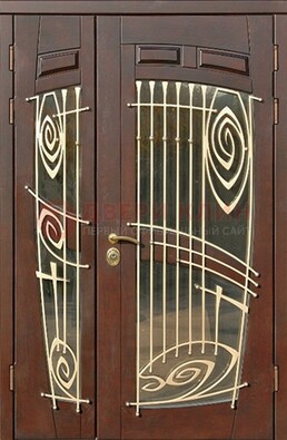 Коричневая железная дверь с большим стеклом и ковкой ДСК-203 в Люберцах