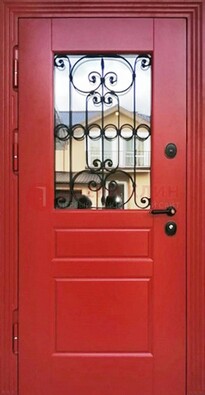 Красная железная дверь Винорит со стеклом и ковкой ДСК-205 в Люберцах