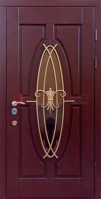 Бордовая стальная дверь Винорит со стеклом и ковкой ДСК-263 в Люберцах
