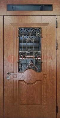 Металлическая входная дверь со стеклом и ковкой для дома ДСК-96 в Люберцах