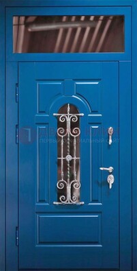 Синяя железная филенчатая дверь со стеклом и ковкой ДСК-97 в Люберцах