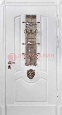 Белая металлическая дверь с виноритом и стеклом с ковкой ДВТ-165 в Люберцах
