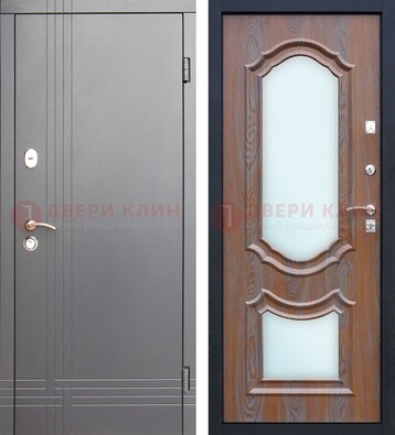 Серая входная дверь со светлой МДФ и зеркалами внутри ДЗ-77 в Люберцах