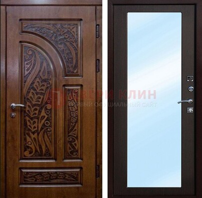 Коричневая входная дверь c узором и виноритом МДФ с зеркалом ДЗ-98 в Люберцах