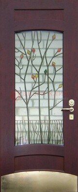Бордовая стальная дверь с витражом и декоративным элементом ВЖ-3 в Люберцах
